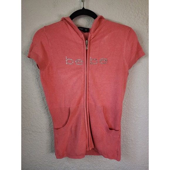 Vintage Y2K Bebe Pink Rhinestone Logo Zip Up Short Sleeve Hoodie - Women's Top - Picture 1 of 3